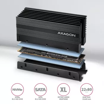 Axagon CLR-M2XL Pasyvus aliumininis radiatorius vienpusiams ir dvipusiams M.2 SSD diskams, dydis 2280, aukštis 36 mm