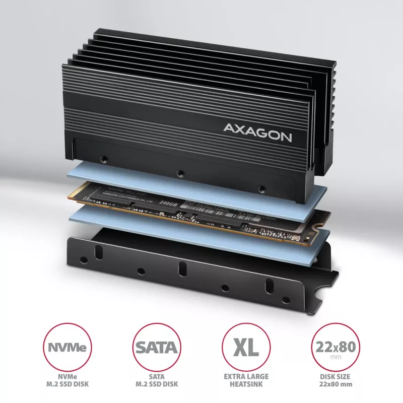 Axagon CLR-M2XL Pasyvus aliumininis radiatorius vienpusiams ir dvipusiams M.2 SSD diskams, dydis 2280, aukštis 36 mm