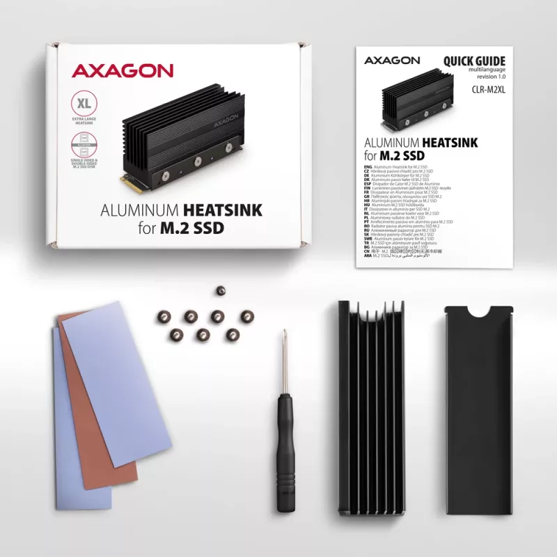Axagon CLR-M2XL Pasyvus aliumininis radiatorius vienpusiams ir dvipusiams M.2 SSD diskams, dydis 2280, aukštis 36 mm