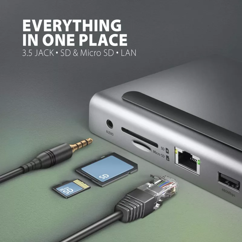Docking stotelė Axagon HMC-4KX3 USB-C 5Gbps hub, 3x USB-A, 2x HDMI, DP, RJ-45, SD/microSD, garsas, PD 100W, kabelis 40cm
