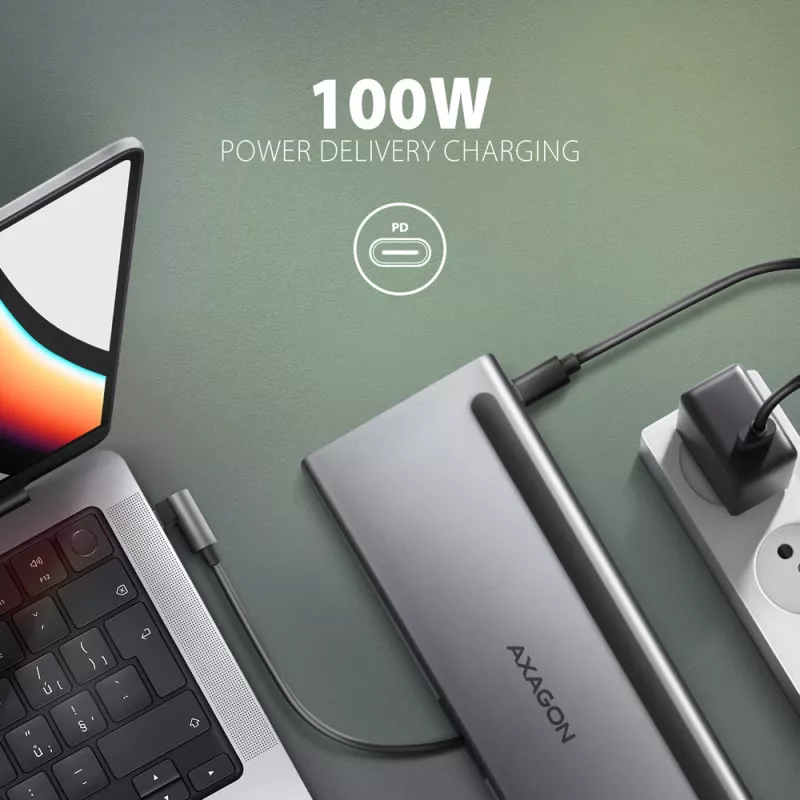 Docking stotelė Axagon HMC-4KX3 USB-C 5Gbps hub, 3x USB-A, 2x HDMI, DP, RJ-45, SD/microSD, garsas, PD 100W, kabelis 40cm