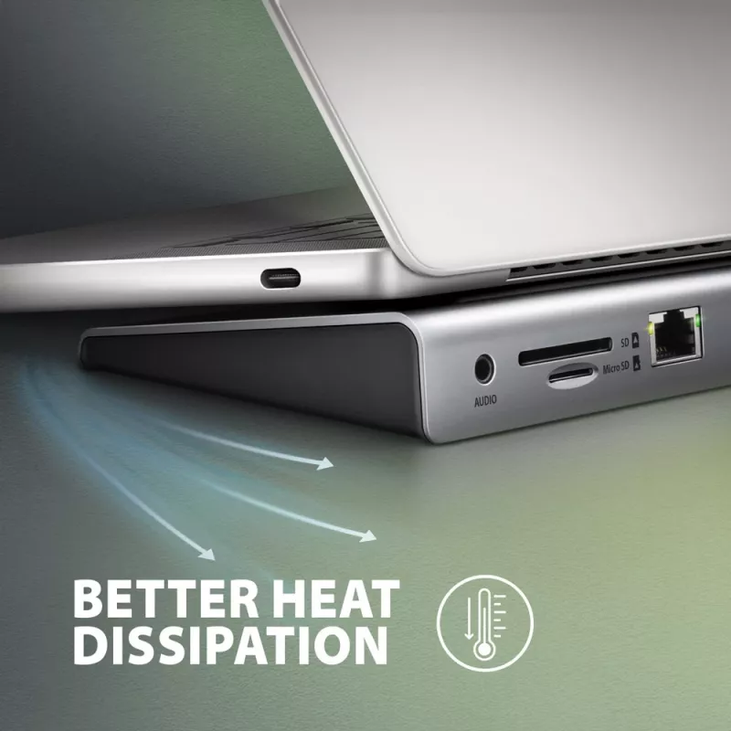 Docking stotelė Axagon HMC-4KX3 USB-C 5Gbps hub, 3x USB-A, 2x HDMI, DP, RJ-45, SD/microSD, garsas, PD 100W, kabelis 40cm