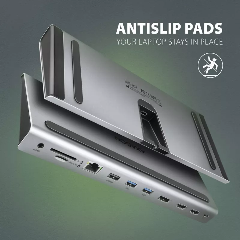 Docking stotelė Axagon HMC-4KX3 USB-C 5Gbps hub, 3x USB-A, 2x HDMI, DP, RJ-45, SD/microSD, garsas, PD 100W, kabelis 40cm