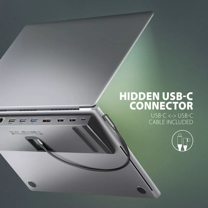 Docking stotelė Axagon HMC-4KX3 USB-C 5Gbps hub, 3x USB-A, 2x HDMI, DP, RJ-45, SD/microSD, garsas, PD 100W, kabelis 40cm
