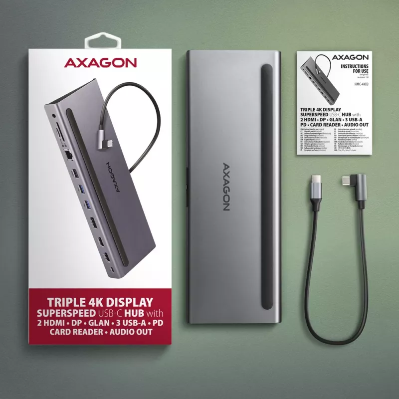 Docking stotelė Axagon HMC-4KX3 USB-C 5Gbps hub, 3x USB-A, 2x HDMI, DP, RJ-45, SD/microSD, garsas, PD 100W, kabelis 40cm