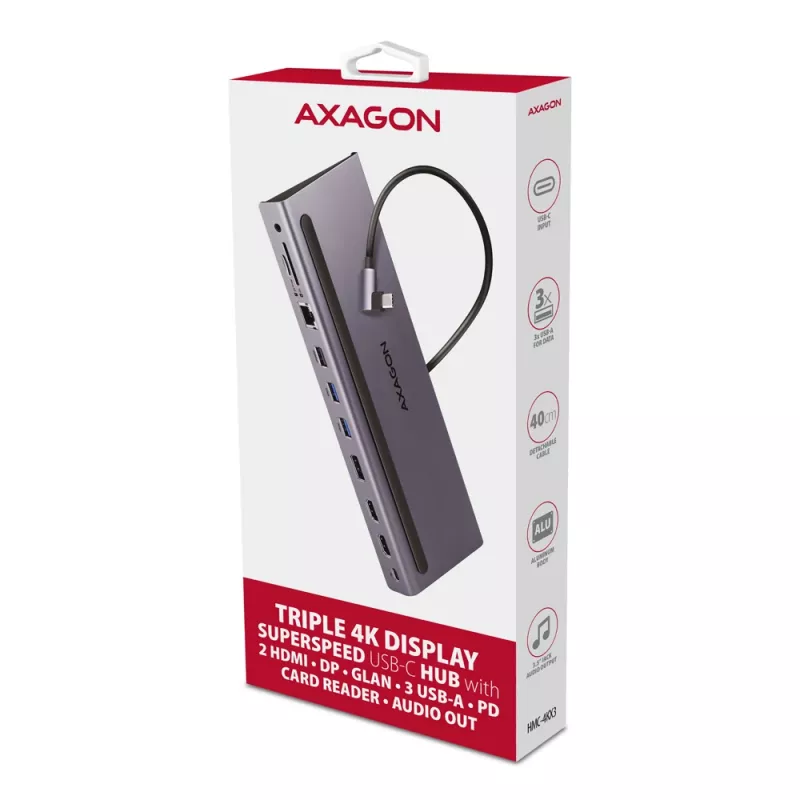 Docking stotelė Axagon HMC-4KX3 USB-C 5Gbps hub, 3x USB-A, 2x HDMI, DP, RJ-45, SD/microSD, garsas, PD 100W, kabelis 40cm