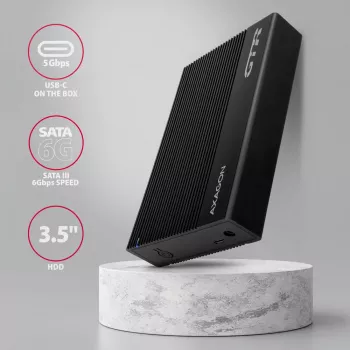 Axagon EE35-GTR USB-C 5Gbps - SATA 6G, 3.5 inch briaunota dėžė JUODA - USB Type C išorinis HDD korpusas 3.5 colio