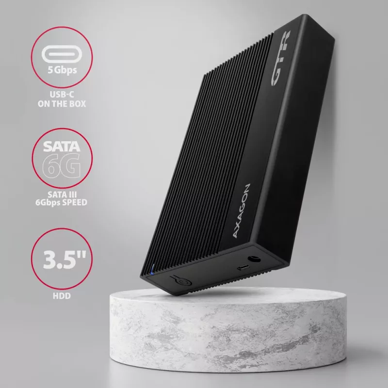 Axagon EE35-GTR USB-C 5Gbps - SATA 6G, 3.5 inch briaunota dėžė JUODA - USB Type C išorinis HDD korpusas 3.5 colio