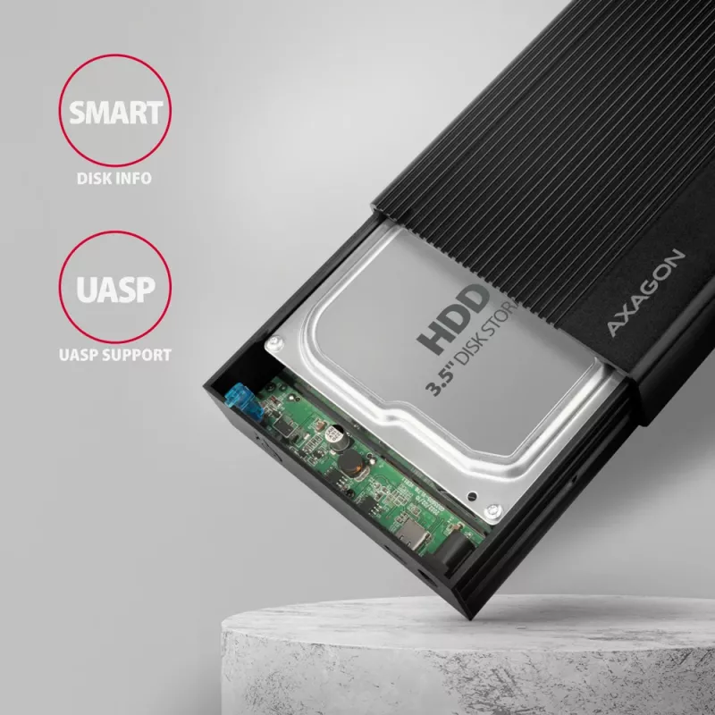 Axagon EE35-GTR USB-C 5Gbps - SATA 6G, 3.5 inch briaunota dėžė JUODA - USB Type C išorinis HDD korpusas 3.5 colio