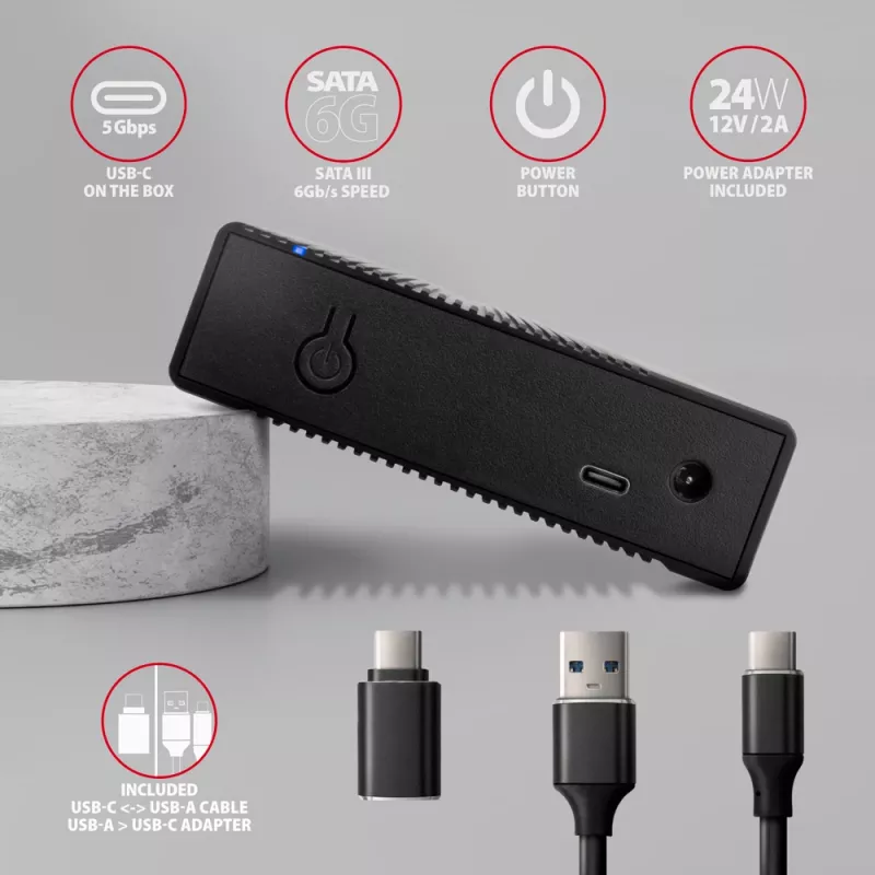 Axagon EE35-GTR USB-C 5Gbps - SATA 6G, 3.5 inch briaunota dėžė JUODA - USB Type C išorinis HDD korpusas 3.5 colio