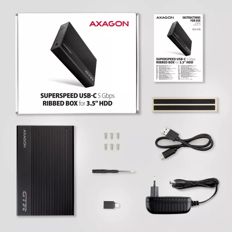 Axagon EE35-GTR USB-C 5Gbps - SATA 6G, 3.5 inch briaunota dėžė JUODA - USB Type C išorinis HDD korpusas 3.5 colio