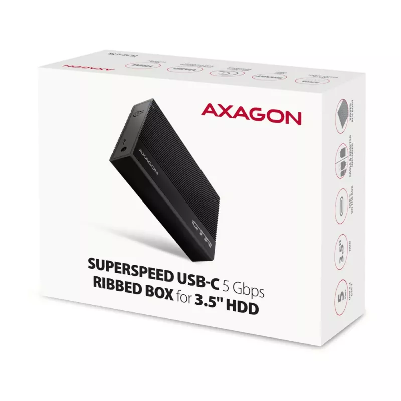 Axagon EE35-GTR USB-C 5Gbps - SATA 6G, 3.5 inch briaunota dėžė JUODA - USB Type C išorinis HDD korpusas 3.5 colio