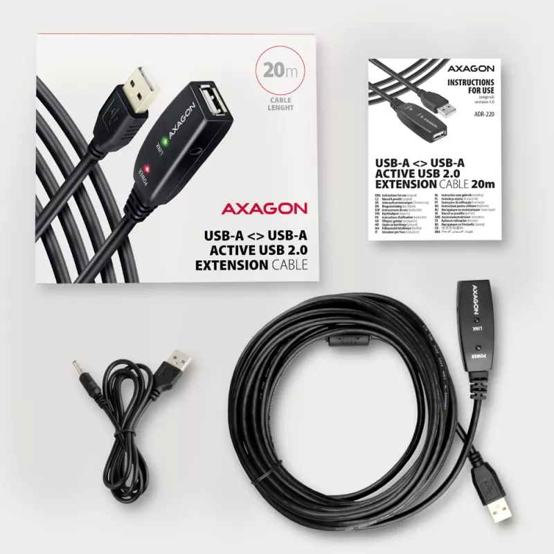 Axagon ADR-220 USB 2.0 A-M -> A-F aktyvus ilginimo/kartotuvas kabelis 20 m