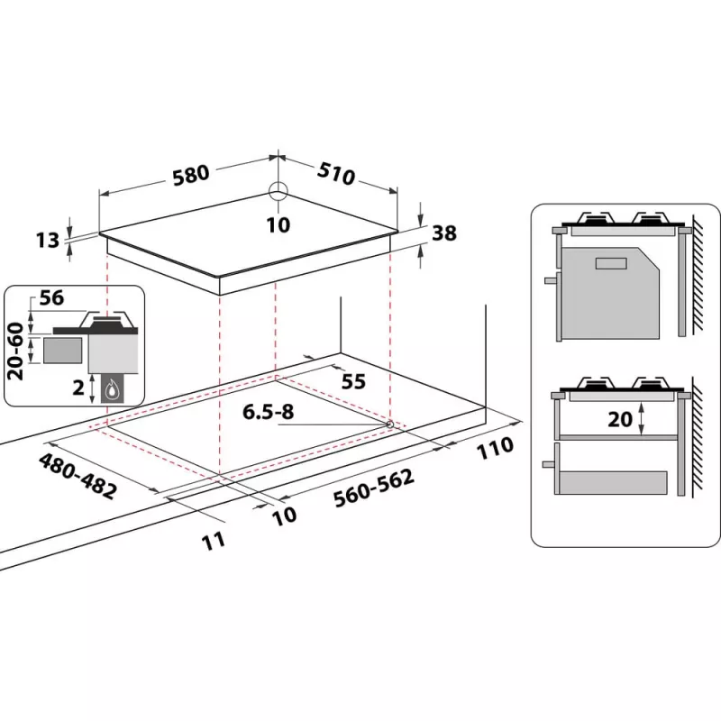 Whirlpool TGML 661 IX R įmontuojama dujinė kaitlentė, nerūdijantis plienas, 58 cm, 4 zonos