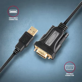 Axagon ADS-1PQN USB-A 2.0 – RS-232 DB9-M adapterio laidas su FTDI lustu 1,5 m - Juodas