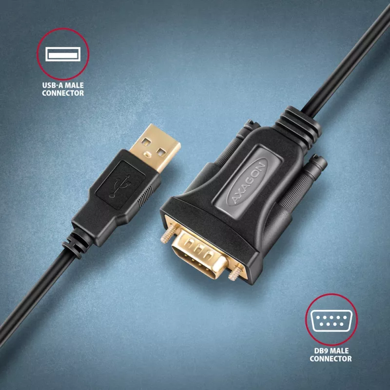 Axagon ADS-1PQN USB-A 2.0 – RS-232 DB9-M adapterio laidas su FTDI lustu 1,5 m - Juodas