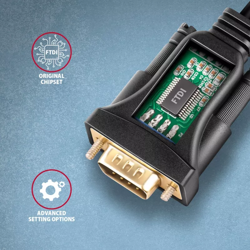 Axagon ADS-1PQN USB-A 2.0 – RS-232 DB9-M adapterio laidas su FTDI lustu 1,5 m - Juodas