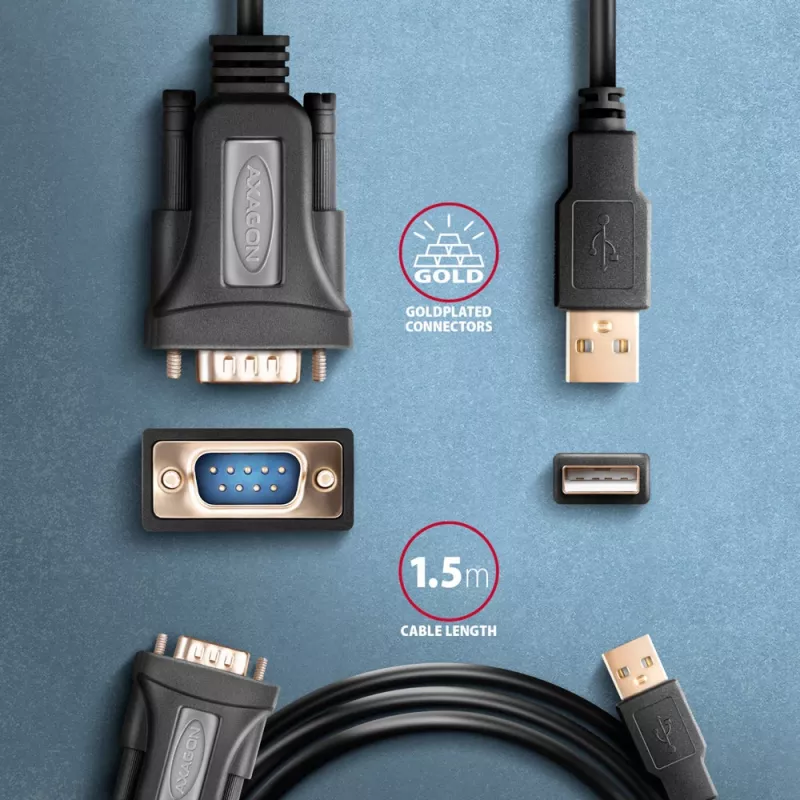 Axagon ADS-1PQN USB-A 2.0 – RS-232 DB9-M adapterio laidas su FTDI lustu 1,5 m - Juodas
