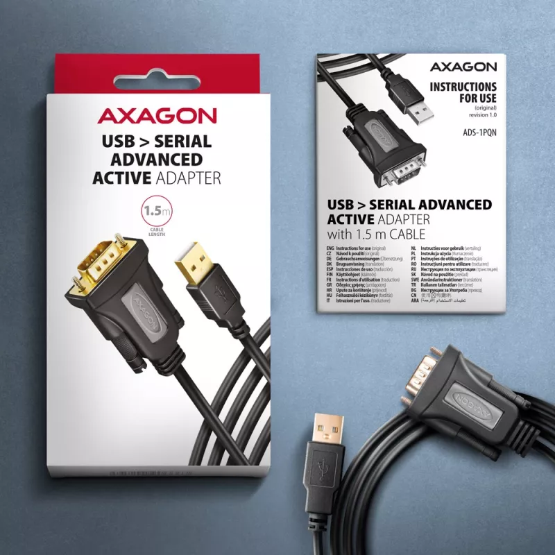 Axagon ADS-1PQN USB-A 2.0 – RS-232 DB9-M adapterio laidas su FTDI lustu 1,5 m - Juodas