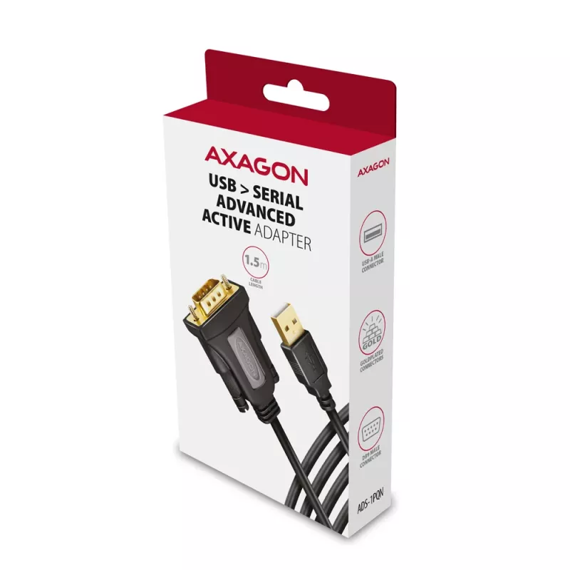Axagon ADS-1PQN USB-A 2.0 – RS-232 DB9-M adapterio laidas su FTDI lustu 1,5 m - Juodas