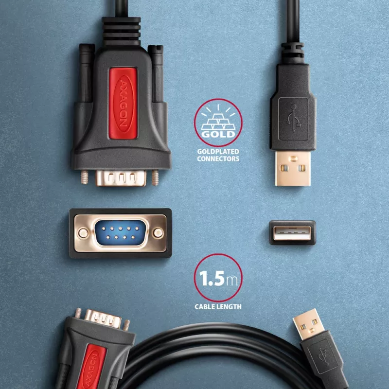 AXAGON ADS-1PSN USB-A 2.0 – RS-232 DB9-M adapteris su Prolific lustu, 1,5 m