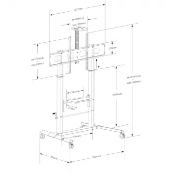 Multimedijos vežimėlis TECHLY ICA-TR230 juodas plokščiaekraniams iki 110 colių, VESA 900x600, aukštis 1850 mm, apkrova 120 kg