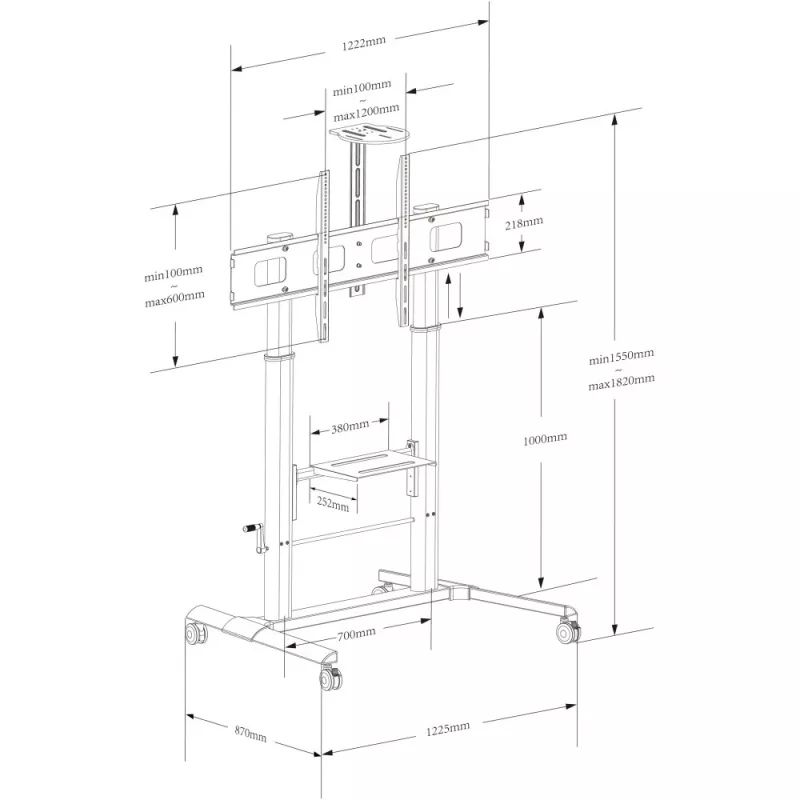 Multimedijos vežimėlis TECHLY ICA-TR230 juodas plokščiaekraniams iki 110 colių, VESA 900x600, aukštis 1850 mm, apkrova 120 kg