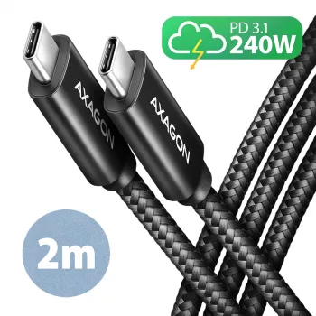 Axagon BUCM2-CM20AB Duomenų ir įkrovimo USB-C laidas 2 m, PD 240W, 5A, juodas pintas
