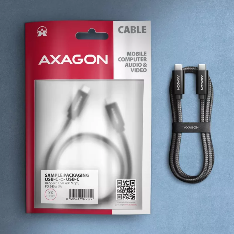 Axagon BUCM2-CM25AB USB-C kabelis, 2.5 m, PD 240W, 5A, juodas pintas