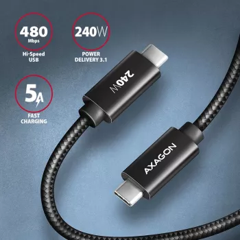 USB-C į USB-C duomenų ir įkrovimo laidas Axagon BUCM2-CM30AB, 3 m, PD 240W, 5A, juodas pintas