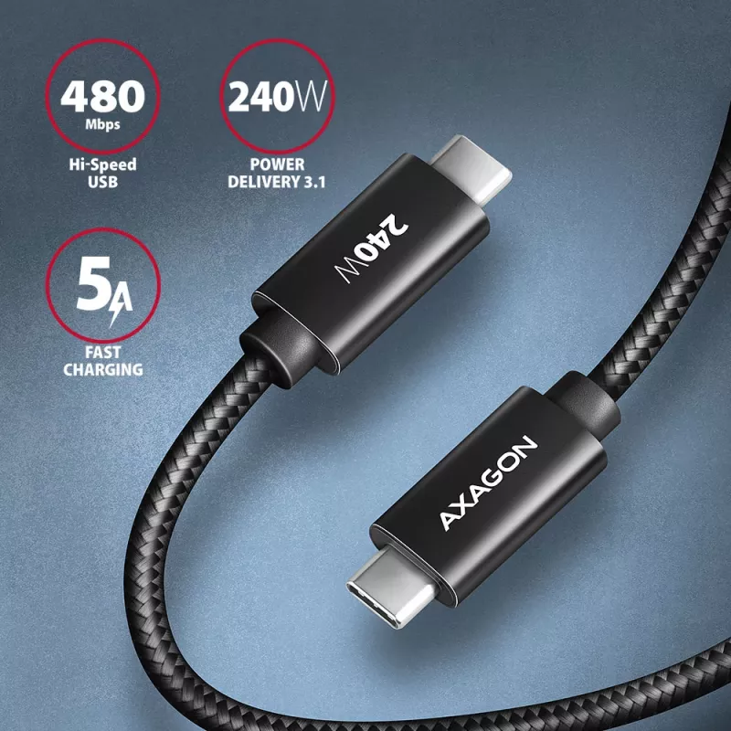 USB-C į USB-C duomenų ir įkrovimo laidas Axagon BUCM2-CM30AB, 3 m, PD 240W, 5A, juodas pintas