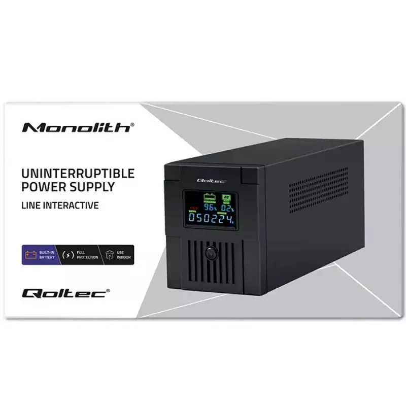 Nepertraukiamo maitinimo šaltinis QOLTEC 53770, Line-Interactive UPS 1.5 kVA (900 W), 2 C13 lizdai, AVR, LCD, USB Type-B