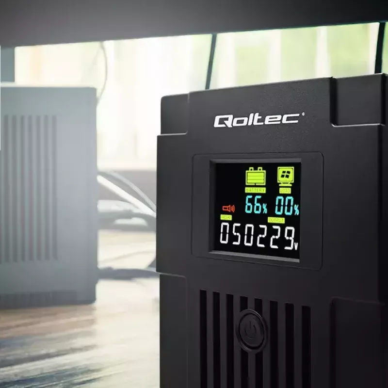 Nepertraukiamo maitinimo šaltinis QOLTEC 53770, Line-Interactive UPS 1.5 kVA (900 W), 2 C13 lizdai, AVR, LCD, USB Type-B