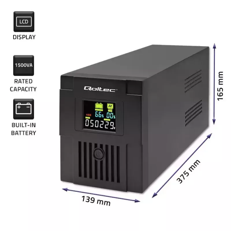 Nepertraukiamo maitinimo šaltinis QOLTEC 53770, Line-Interactive UPS 1.5 kVA (900 W), 2 C13 lizdai, AVR, LCD, USB Type-B