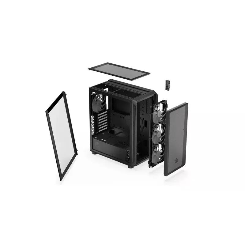 Kompiuterio korpusas ENDORFY Arx 500 ARGB ATX juodas — grūdintas stiklas, ARGB, ATX, max GPU 350 mm, CPU aušintuvo aukštis 179 mm, 7 plėtros lizdai