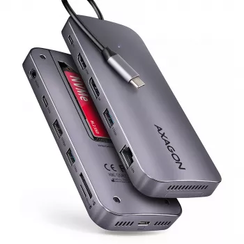 USB-C 10Gbps daugiafunkcis stotelės adapteris AXAGON HMC-12GM2, 12 in 1, 3x USB-A, USB-C, HDMI, DP, RJ-45, M.2 NVMe/SATA, SD/microSD, garso, PD 100W