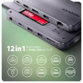 USB-C 10Gbps daugiafunkcis stotelės adapteris AXAGON HMC-12GM2, 12 in 1, 3x USB-A, USB-C, HDMI, DP, RJ-45, M.2 NVMe/SATA, SD/microSD, garso, PD 100W