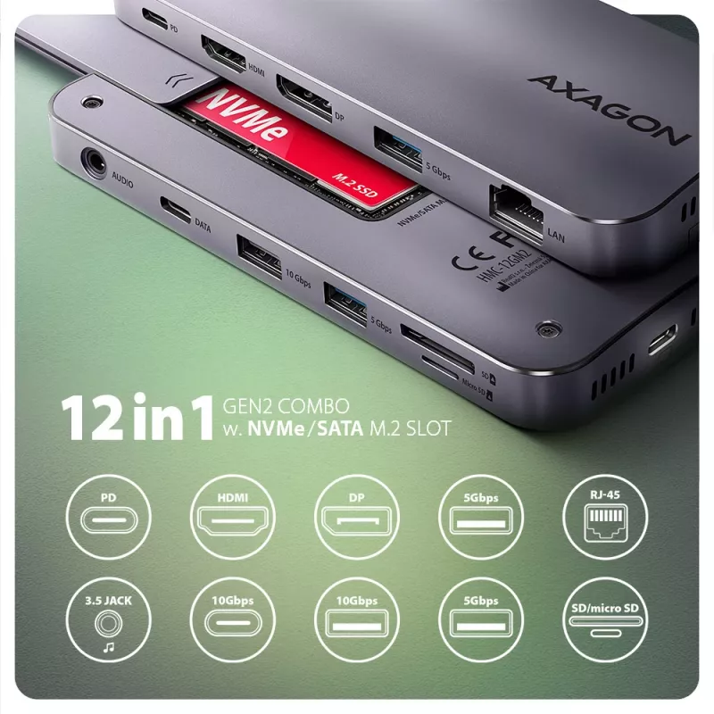 USB-C 10Gbps daugiafunkcis stotelės adapteris AXAGON HMC-12GM2, 12 in 1, 3x USB-A, USB-C, HDMI, DP, RJ-45, M.2 NVMe/SATA, SD/microSD, garso, PD 100W