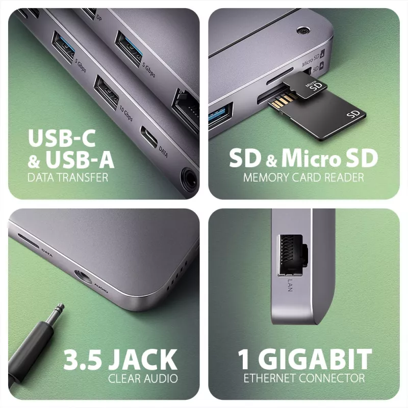 USB-C 10Gbps daugiafunkcis stotelės adapteris AXAGON HMC-12GM2, 12 in 1, 3x USB-A, USB-C, HDMI, DP, RJ-45, M.2 NVMe/SATA, SD/microSD, garso, PD 100W