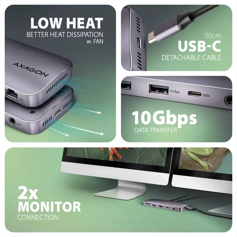 USB-C 10Gbps daugiafunkcis stotelės adapteris AXAGON HMC-12GM2, 12 in 1, 3x USB-A, USB-C, HDMI, DP, RJ-45, M.2 NVMe/SATA, SD/microSD, garso, PD 100W