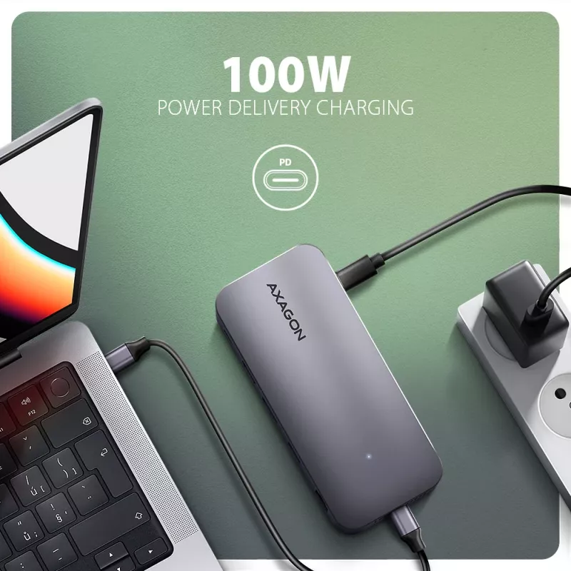 USB-C 10Gbps daugiafunkcis stotelės adapteris AXAGON HMC-12GM2, 12 in 1, 3x USB-A, USB-C, HDMI, DP, RJ-45, M.2 NVMe/SATA, SD/microSD, garso, PD 100W