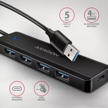 Axagon HUE-C1A 4x USB 5Gbps kelioninis USB centras, USB-C maitinimo įvadas, 19 cm USB-A laidas