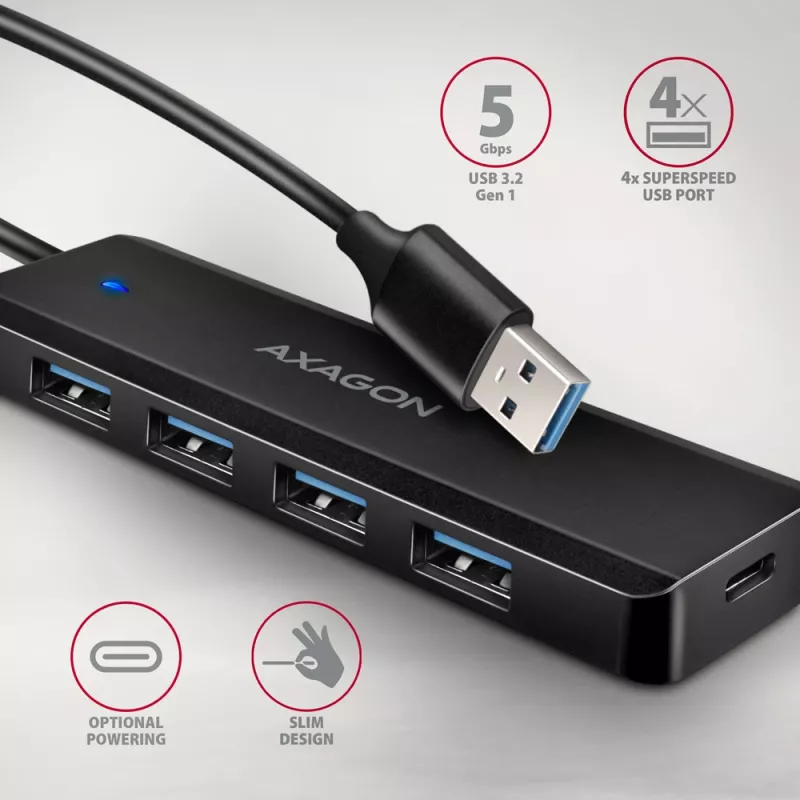 Axagon HUE-C1A 4x USB 5Gbps kelioninis USB centras, USB-C maitinimo įvadas, 19 cm USB-A laidas