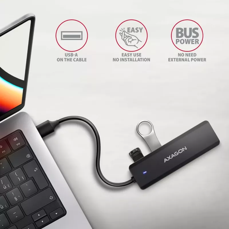 Axagon HUE-C1A 4x USB 5Gbps kelioninis USB centras, USB-C maitinimo įvadas, 19 cm USB-A laidas