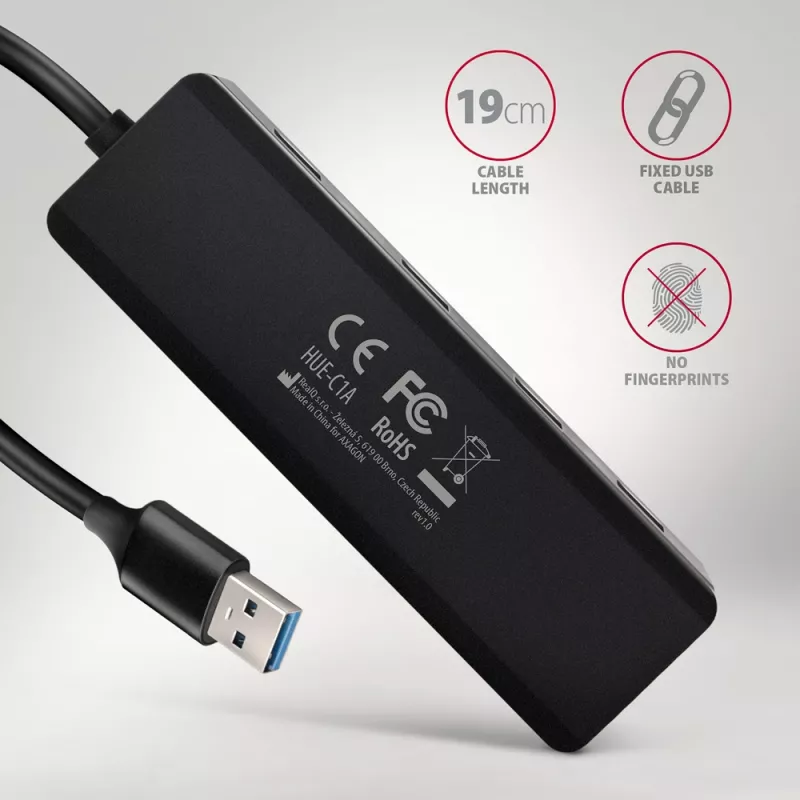 Axagon HUE-C1A 4x USB 5Gbps kelioninis USB centras, USB-C maitinimo įvadas, 19 cm USB-A laidas