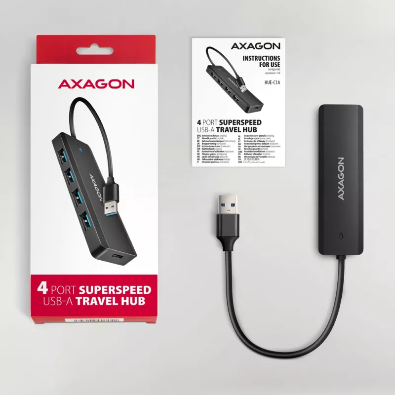 Axagon HUE-C1A 4x USB 5Gbps kelioninis USB centras, USB-C maitinimo įvadas, 19 cm USB-A laidas
