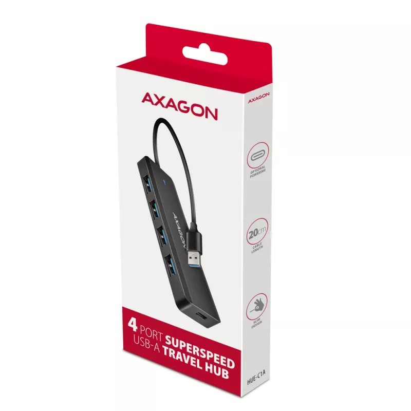 Axagon HUE-C1A 4x USB 5Gbps kelioninis USB centras, USB-C maitinimo įvadas, 19 cm USB-A laidas