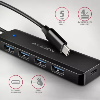 USB-C kelionių stotelė Axagon HUE-C1C 4x USB 5Gbps, USB-C maitinimo įvadas, 19 cm USB-C laidas