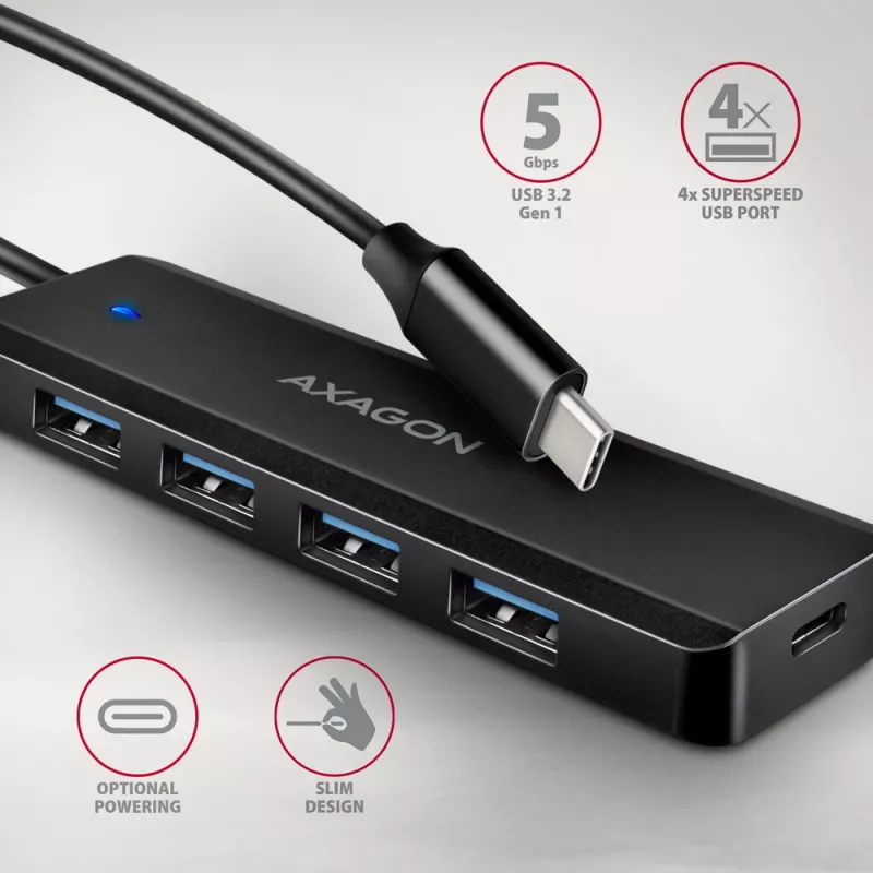USB-C kelionių stotelė Axagon HUE-C1C 4x USB 5Gbps, USB-C maitinimo įvadas, 19 cm USB-C laidas