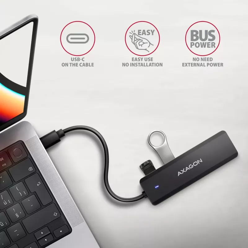 USB-C kelionių stotelė Axagon HUE-C1C 4x USB 5Gbps, USB-C maitinimo įvadas, 19 cm USB-C laidas